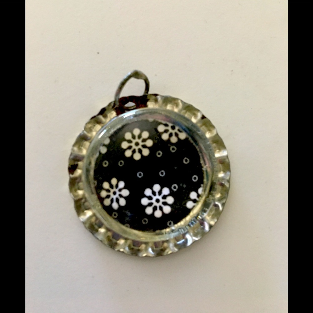 OOAK rustic black and white bottle‎ cap pendant